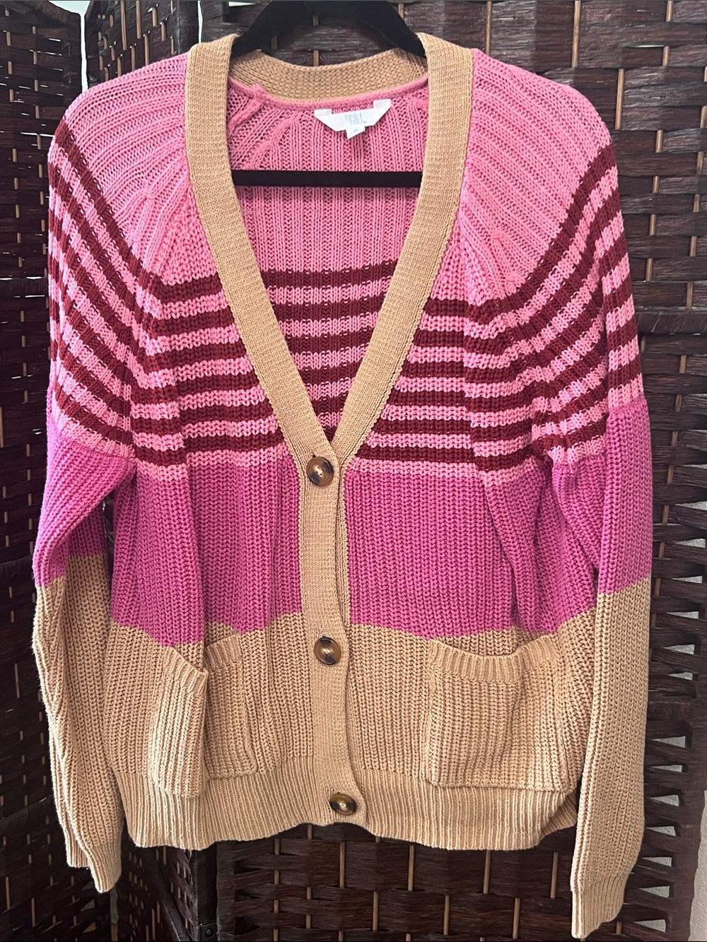 Time and Tru Pink and Tan Striped Button-Up Cardigan
